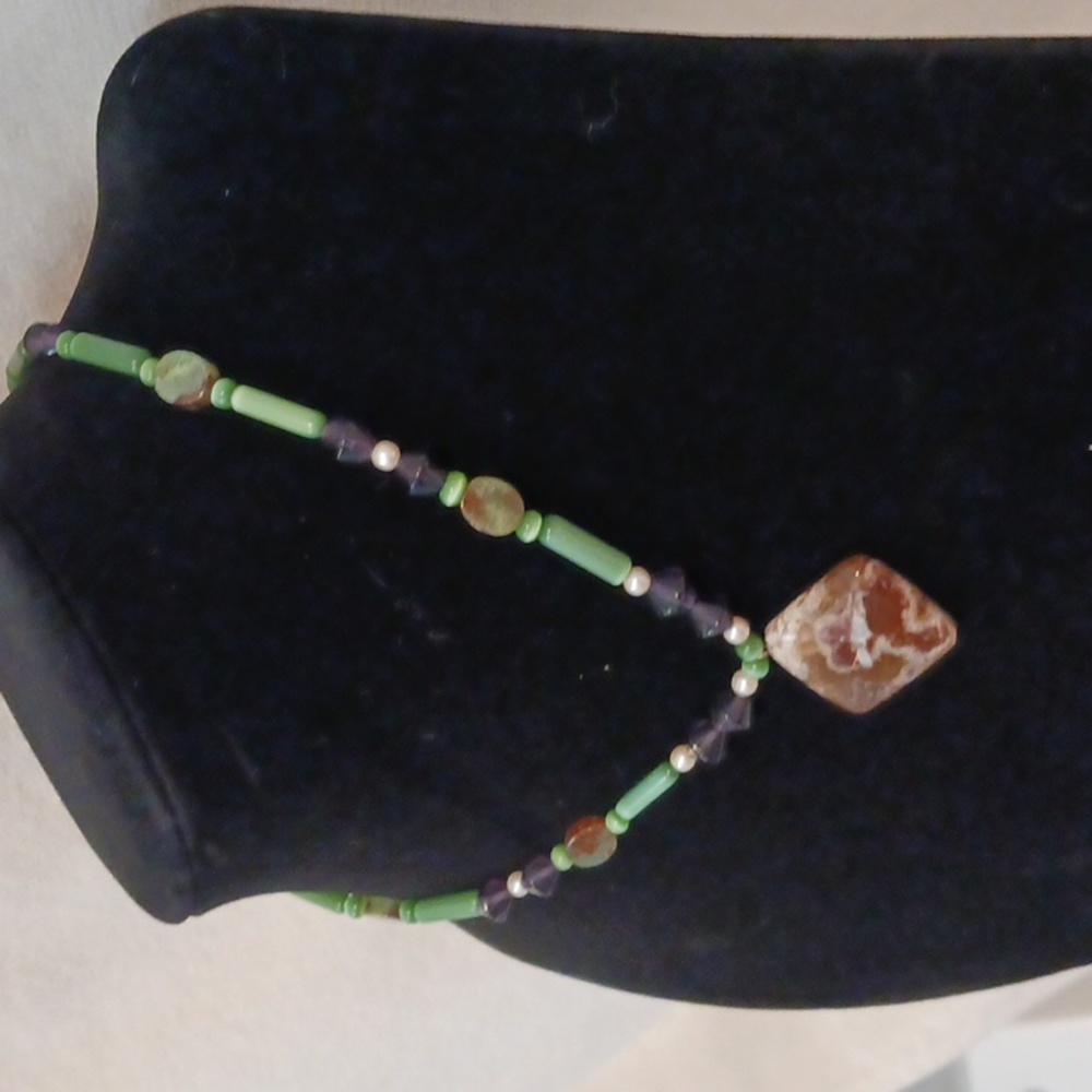 Vintage GEMSTONES 10"Necklace Jade Garnet Pearls Agate Gemstones Southwest Boho - Picture 7 of 9